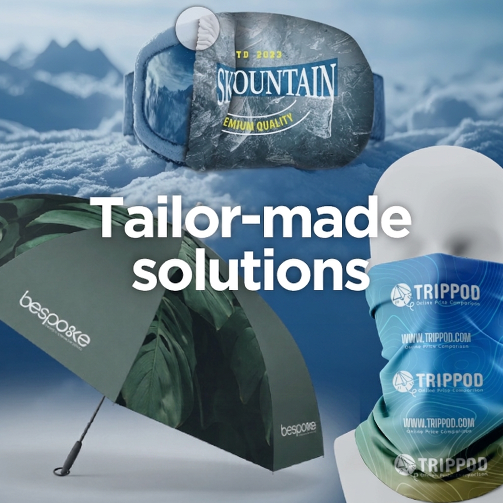 Bespoke Tailor-made solutions : parapluie, coussin de voyage et tour de cou personnalisables sur fond de montagnes enneigées