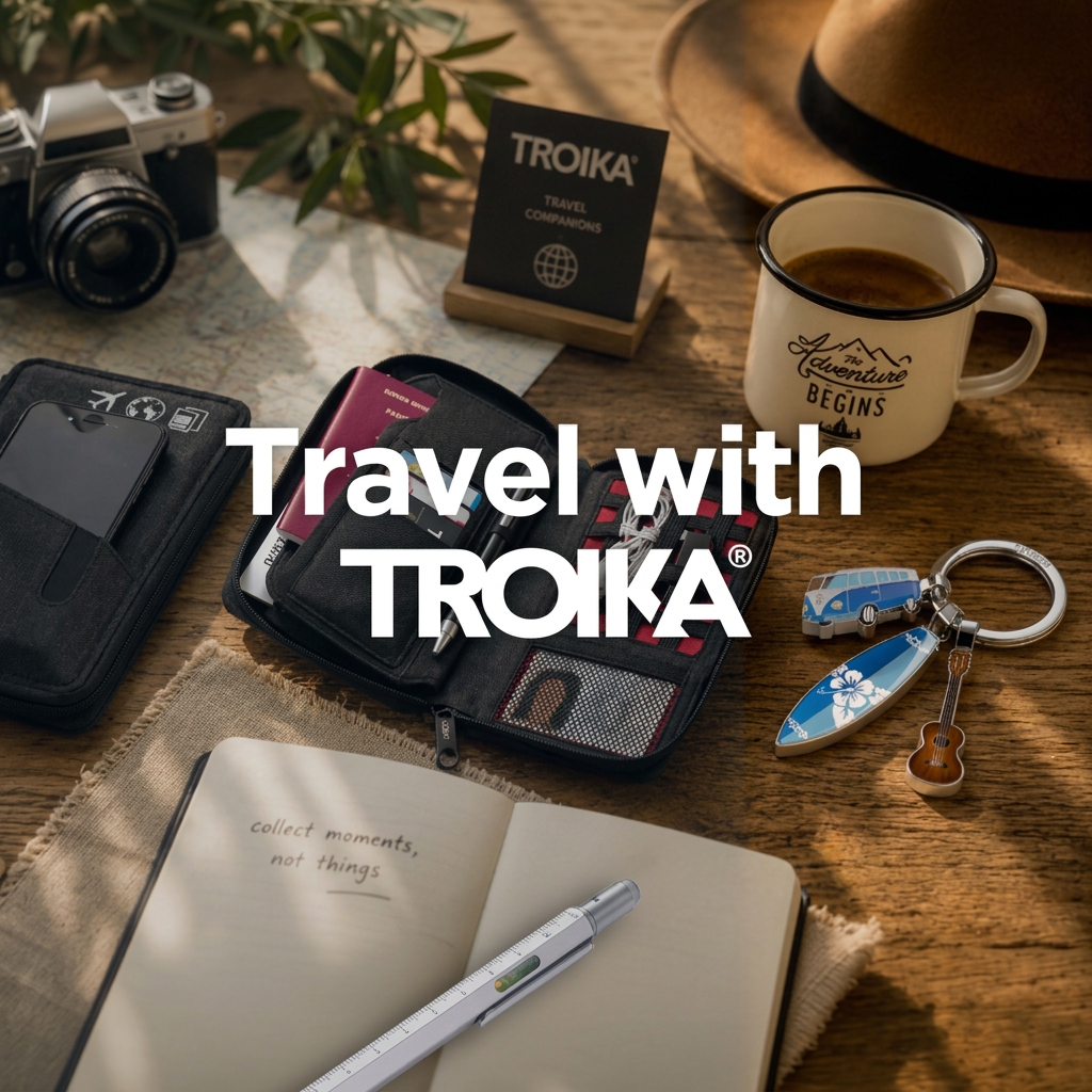 TROIKA Travel Companions : accessoires de voyage et objets publicitaires design sur une table en bois